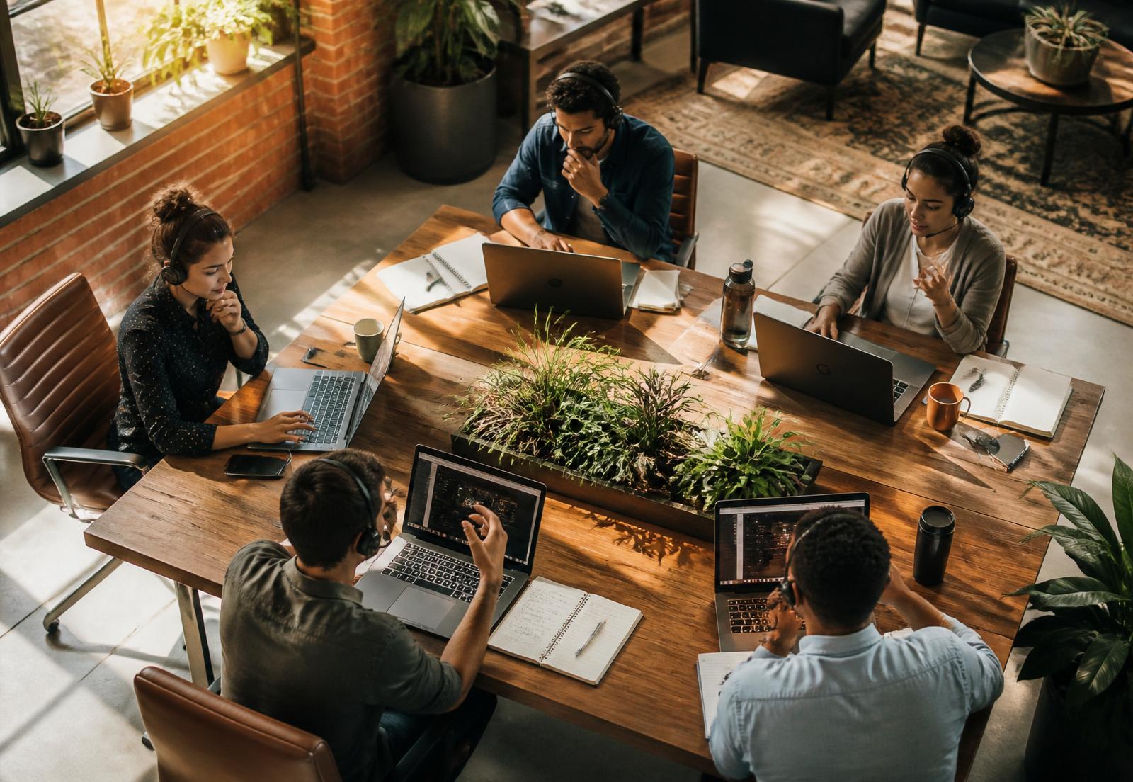 Sales team on live outbound calls in a modern loft office